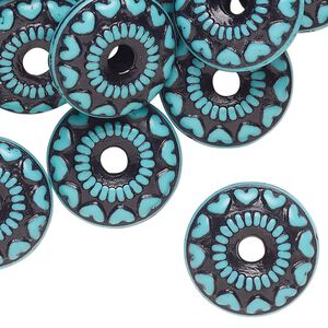 Bead, plastic, turquoise blue and black, 18x8mm rondelle. Sold per pkg of 50.