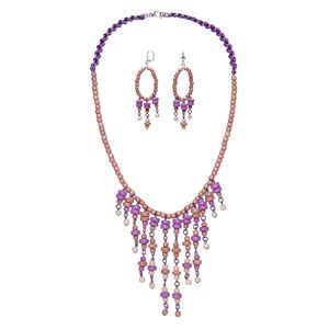 Necklace and earring set, One of a Kind Jewelry, Taiwanese cheesewood / nylon / gold-finished brass, multi-purples, 20-inch necklace. Only one available.