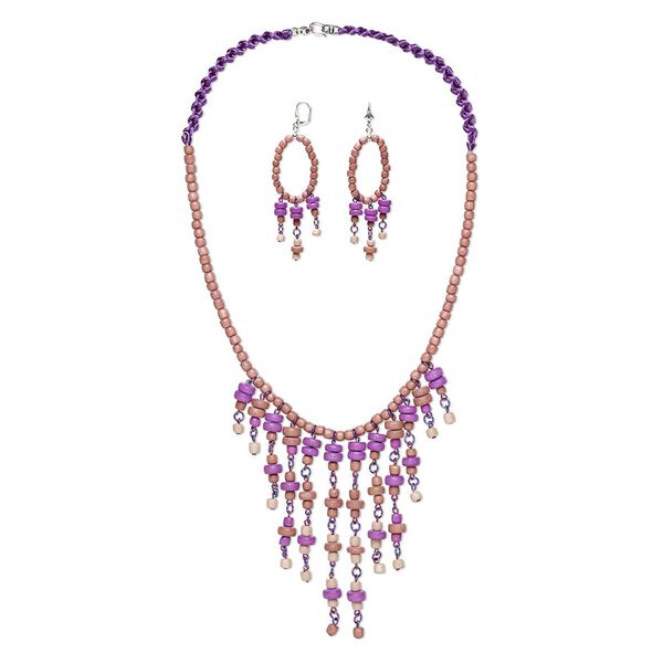 Necklace and earring set, One of a Kind Jewelry, Taiwanese cheesewood / nylon / gold-finished brass, multi-purples, 20-inch necklace. Only one available. image number 0