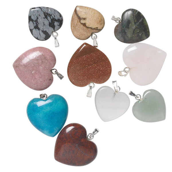 Pendant mix, gemstone (natural / dyed / man-made) with gold-finished or silver-plated brass bail, 15-24mm heart. Sold per pkg of 10. image number 0
