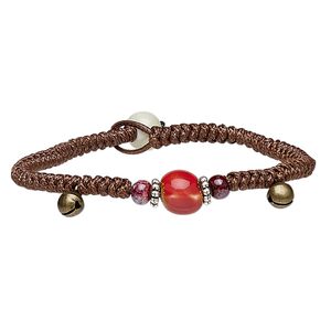 Bracelet, porcelain / waxed cotton cord / antique brass- / silver-plated steel, multicolored, 10mm wide with macramé design, 7 inches with button clasp. Sold individually.