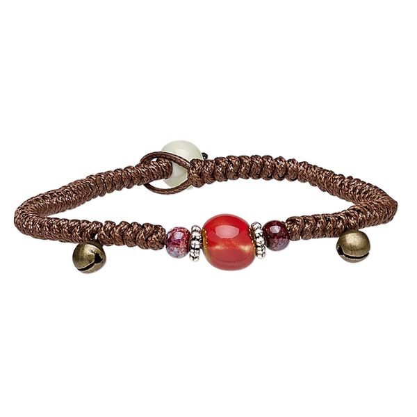 Bracelet, porcelain / waxed cotton cord / antique brass- / silver-plated steel, multicolored, 10mm wide with macramé design, 7 inches with button clasp. Sold individually. image number 0