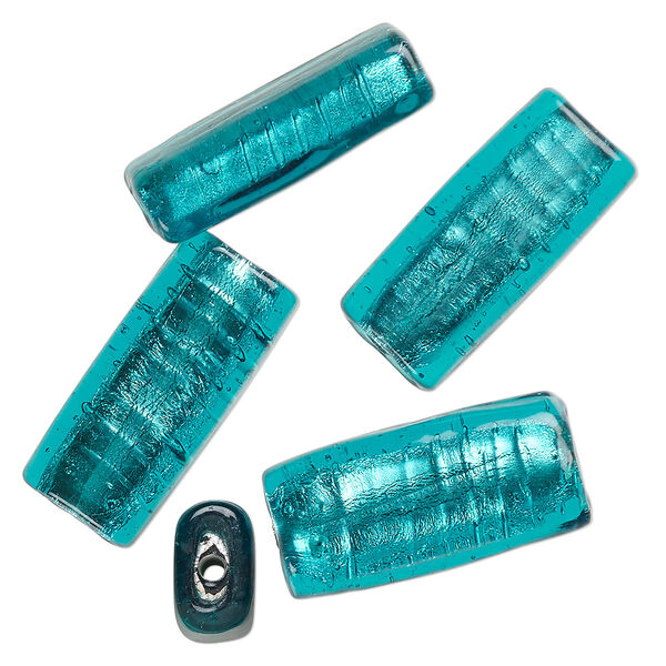 Bead, lampworked glass, opaque teal blue, 24x12mm-23x11mm flat tube with silver-colored foil. Sold per pkg of 4. image number 0