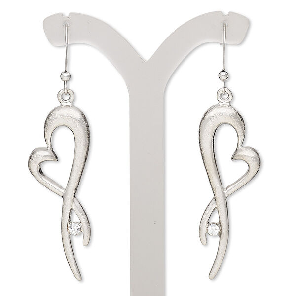 Earring, glass rhinestone with imitation rhodium-plated brass and "pewter" (zinc-based alloy), clear, 2 inches with brushed open fancy heart and fishhook ear wire. Sold per pair. image number 0
