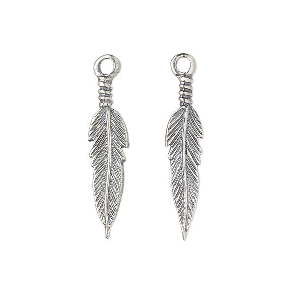 Charm, antiqued sterling silver, 24x6mm double-sided feather. Sold per pkg of 2. image number 0