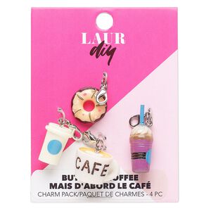 Charm assortment, steel / brass / acrylic, pkg/4, 20-31x14mm mixed shapes with lobster claw clasp, silver finish and multicolored.