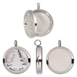 Pendant, stainless steel, 37x30mm single-sided hinged round locket with cutout tree and magnetic closure. Sold individually.