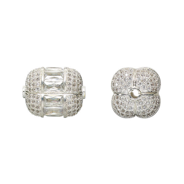 Bead, glass rhinestone and silver-finished brass, clear, 15x12mm fancy square tube. Sold individually. image number 0