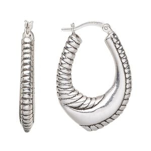 Earring, antiqued sterling silver, electroformed, 32mm wrapped oval hoop with latch-back closure. Sold per pair.