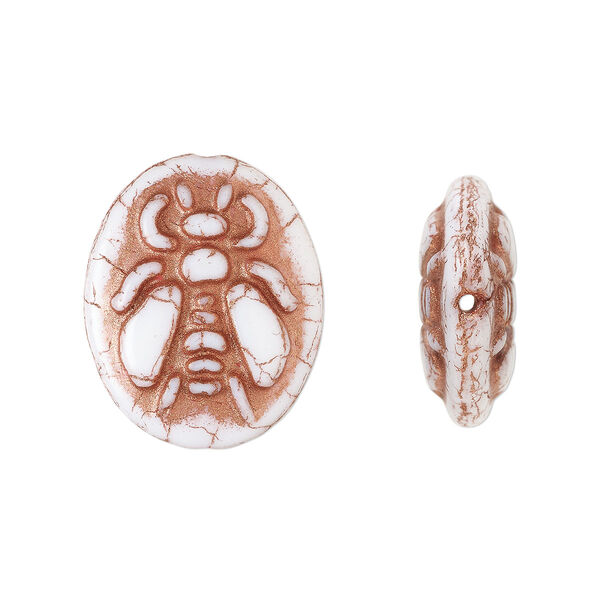 Bead, Preciosa Czech pressed glass, opaque alabaster copper finish, 22x18mm oval scarab. Sold per pkg of 5. image number 0