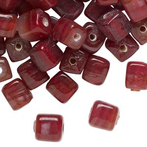 Bead, glass, translucent dark red and white, 9x7mm cube with swirl design. Sold per 4-ounce pkg, approximately 125 beads.