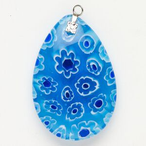 Focal 1pkg1 silver-finished steel and millefiori glass, translucent and transparent aqua blue / cobalt blue / white, 47x30mm-48x33mm puffed teardrop.