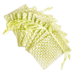 Pouch, organza, lime green and white, 4x3 inches with dots pattern and drawstring closure. Sold per pkg of 12.