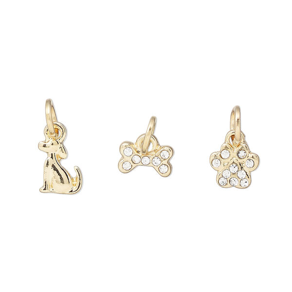 Charm assortment, gold-finished "pewter" (zinc-based alloy) and glass rhinestone, clear, 8x7mm paw print / 8x6mm dog / 8x5mm dog bone. Sold per 3-piece set. image number 0