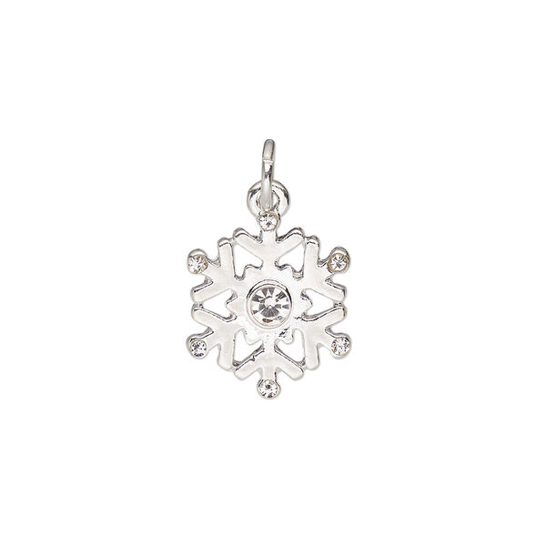 Charm, silver-finished "pewter" (zinc-based alloy) and glass, clear, 15.5mm snowflake. Sold per pkg of 6. image number 0
