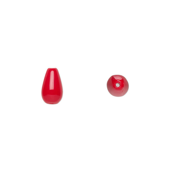Bead, Czech pressed glass, opaque red, 9.5x6mm teardrop. Sold per 15-1/2" to 16" strand, approximately 40 beads. image number 0