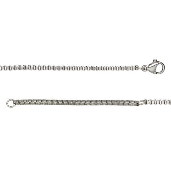 Chain, stainless steel, 2mm box, wearable at 18 and 20 inches with lobster claw clasp. Sold individually. image number 0