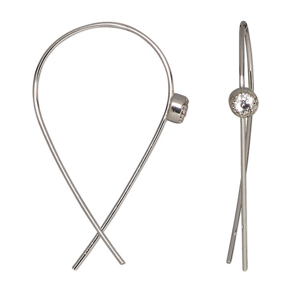 Earring, Create Compliments®, cubic zirconia and rhodium-plated sterling silver, clear, 37mm open teardrop with 5mm round. Sold per pair. image number 0