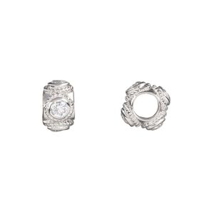 Bead, cubic zirconia and rhodium-plated sterling silver, clear, 10.5x6.5mm rondelle with rope design. Sold individually.