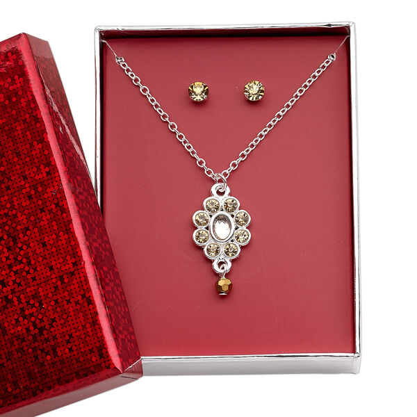 Necklace and earring set, glass rhinestone / silver-finished brass / steel / "pewter" (zinc-based alloy), clear / yellow / copper, 27x14mm flower, 15" to 16" necklace with 3-inch extender chain and lobster claw clasp, 4.5mm round with post. Sold per set. image number 0
