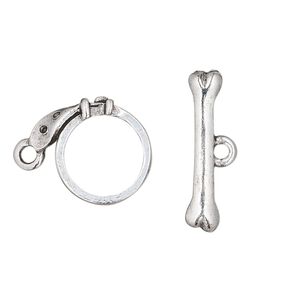 Clasp toggle 1pkg1 silver-plated pewter (tin alloy), 18x16mm collar / dog bone, antique 1-strand