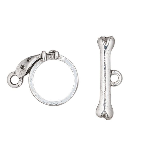 Clasp toggle 1pkg1 silver-plated pewter (tin alloy), 18x16mm collar / dog bone, antique 1-strand image number 0