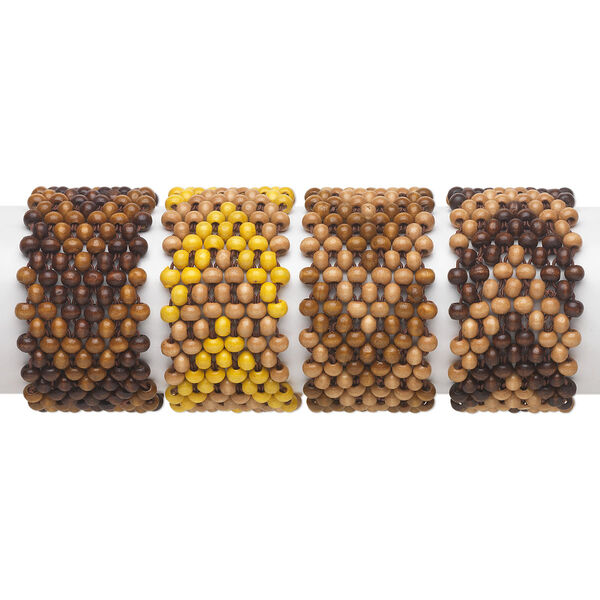 Bracelet mix, stretch, shandong maple wood (natural / dyed), multicolored, 47mm wide with 6x4mm rondelle and chevron pattern, 6 inches. Sold per pkg of 4. image number 0