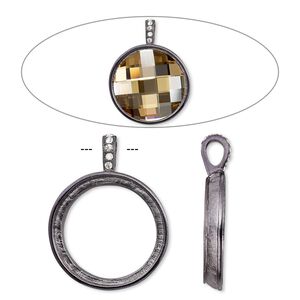 Pendant, Almost Instant Jewelry®, crystals and gunmetal-finished "pewter" (zinc-based alloy), crystal clear, 44x34mm single-sided smooth round with 30mm round setting. Sold individually.