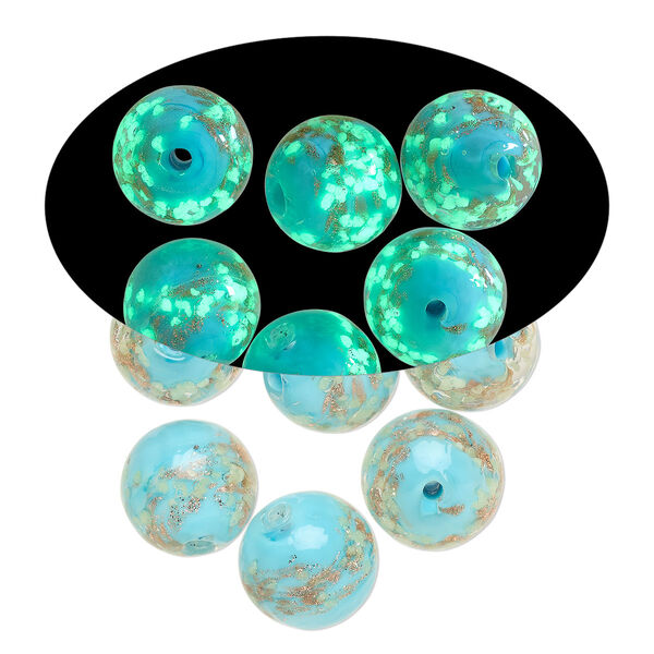 Bead, lampworked glass, clear / light blue / glow-in-the-dark / gold, 12mm round. Sold per pkg of 6. image number 0