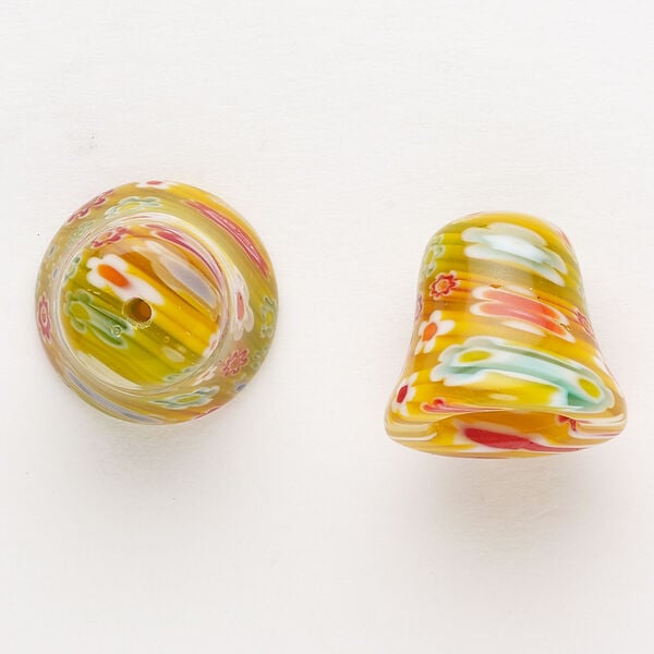 Cord end 1pkg2 millefiori glass, translucent multicolored, 17-18mm bell. image number 0