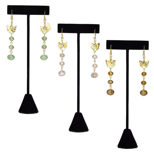 Earring, glass / gold-finished steel / brass, assorted colors, 3 inches with butterflies and fishhook ear wire. Sold per pkg of 3 pairs. image number 0