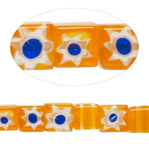 Bead, millefiori glass, translucent orange / cobalt blue / white, 7-9mm cube with stripe and flower design. Sold per 14-inch strand.