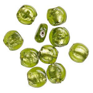 Bead, lampworked glass, opaque peridot green, 12x7mm-10x6mm flat round with silver-colored foil. Sold per pkg of 10.