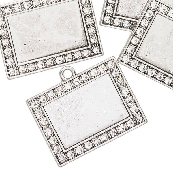 Drop, antique silver-finished "pewter" (zinc-based alloy) and glass, clear, 25x20mm-26x20mm rectangle with 18.5x12mm rectangle setting. Sold per pkg of 6. image number 0