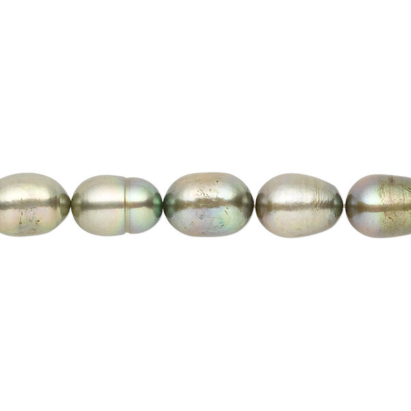 Pearl, cultured freshwater (dyed), green, 7-8mm rice, D grade, Mohs hardness 2-1/2 to 4. Sold per 16-inch strand. image number 0