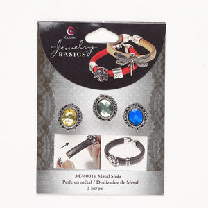 Bead assortment, slider 1pkg3, antique silver-finished "pewter" (zinc alloy) and acrylic, yellow / mint green / blue, 16x14mm fancy oval.