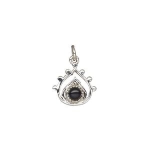 Black onyx / sterling silver 1pkg1, antiqued open teardrop drop 13x12.5mm