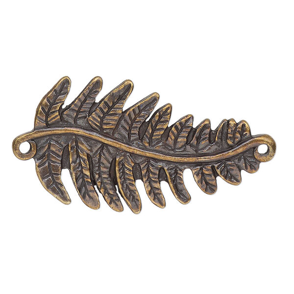 Focal, TierraCast®, antique brass-plated pewter (tin-based alloy), 38x20mm 3D fern. Sold per pkg of 10. image number 0