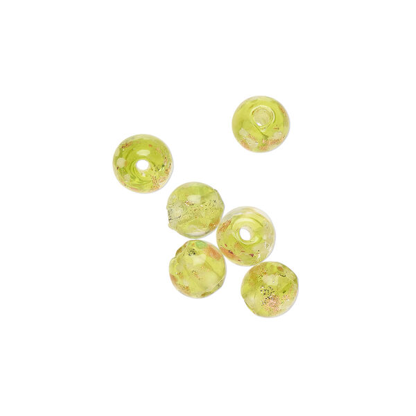 Bead, lampworked glass, clear / peridot green / glow-in-the-dark / gold, 6mm round. Sold per pkg of 6. image number 0