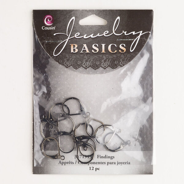 Ear wire, brass, pkg/6 pairs, black finish, 16mm leverback with open loop, 21 gauge. image number 0