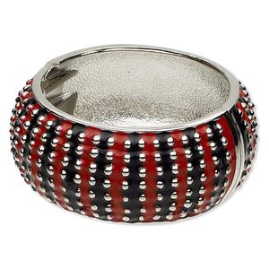 Bracelet, hinged bangle, epoxy and rhodium-finished "pewter" (zinc-based alloy), black and red, 32mm wide with raised dot design, 60mm inside diameter. Sold individually.