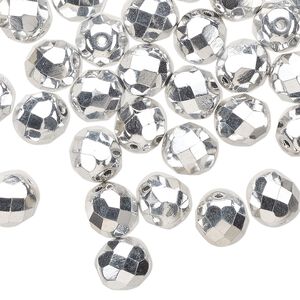 Bead 1pkg1 Czech fire-polished glass, 8mm faceted round, half-mass opaque metallic silver