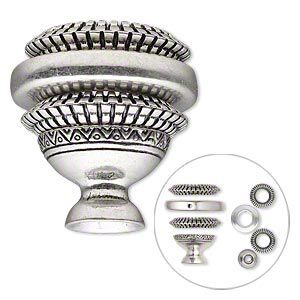 Scarf jewelry component, antique silver-plated "pewter" (zinc-based alloy) and silver-coated plastic, 28mm overall with 13mm hole. Sold per pkg of (2) 4-piece sets.