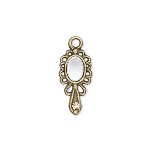 Charm, glass / glass rhinestone / antique brass-plated "pewter" (zinc-based alloy), brown, 19x10mm single-sided hand mirror. Sold per pkg of 4.
