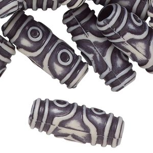 Bead, plastic, dark grey and cream, 28x5mm textured round tube. Sold per pkg of 100.