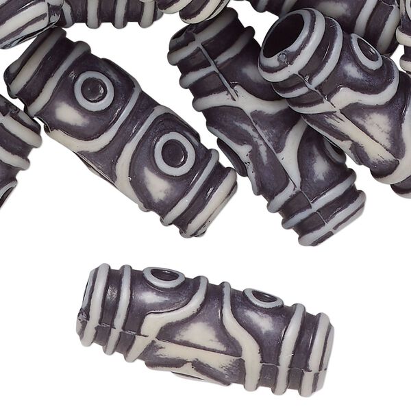 Bead, plastic, dark grey and cream, 28x5mm textured round tube. Sold per pkg of 100. image number 0