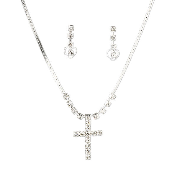 Necklace and earring set, rhinestone with silver-plated brass and steel, crystal clear, 28x18mm cross focal, 16 inches with 2-inch extender chain and springring clasp, earstud. Sold per set. image number 0