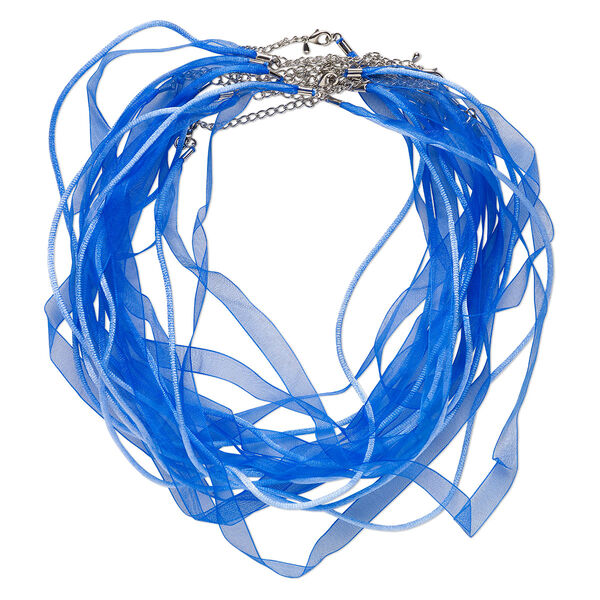 Necklace cord, organza / nylon / silver-finished steel, blue and cobalt blue, 11mm wide ribbon with 2mm round cord, 16 inches with 2-inch extender chain and lobster claw clasp. Sold per pkg of 10. image number 0