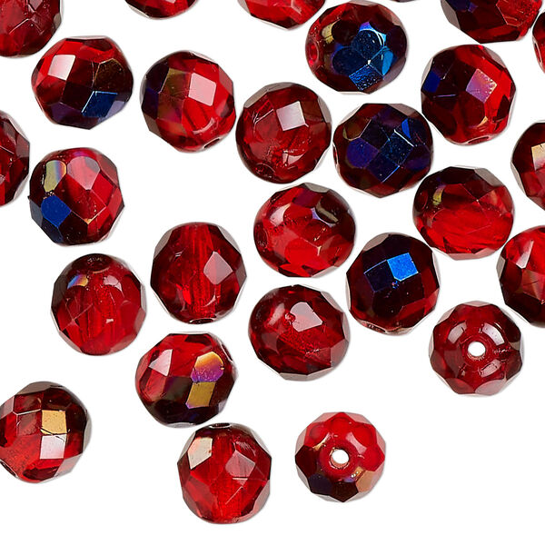 Bead, Czech fire-polished glass, red blue iris, 8mm faceted round. Sold per 15-1/2" to 16" strand. image number 0