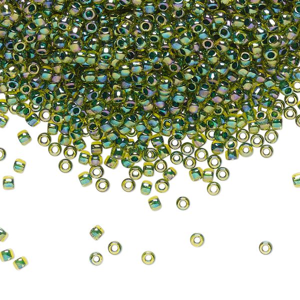 Seed bead, TOHO BEADS®, glass, pkg/50g, #11 round, translucent rainbow forest green-lined jonquil (TR-11-1829). image number 0